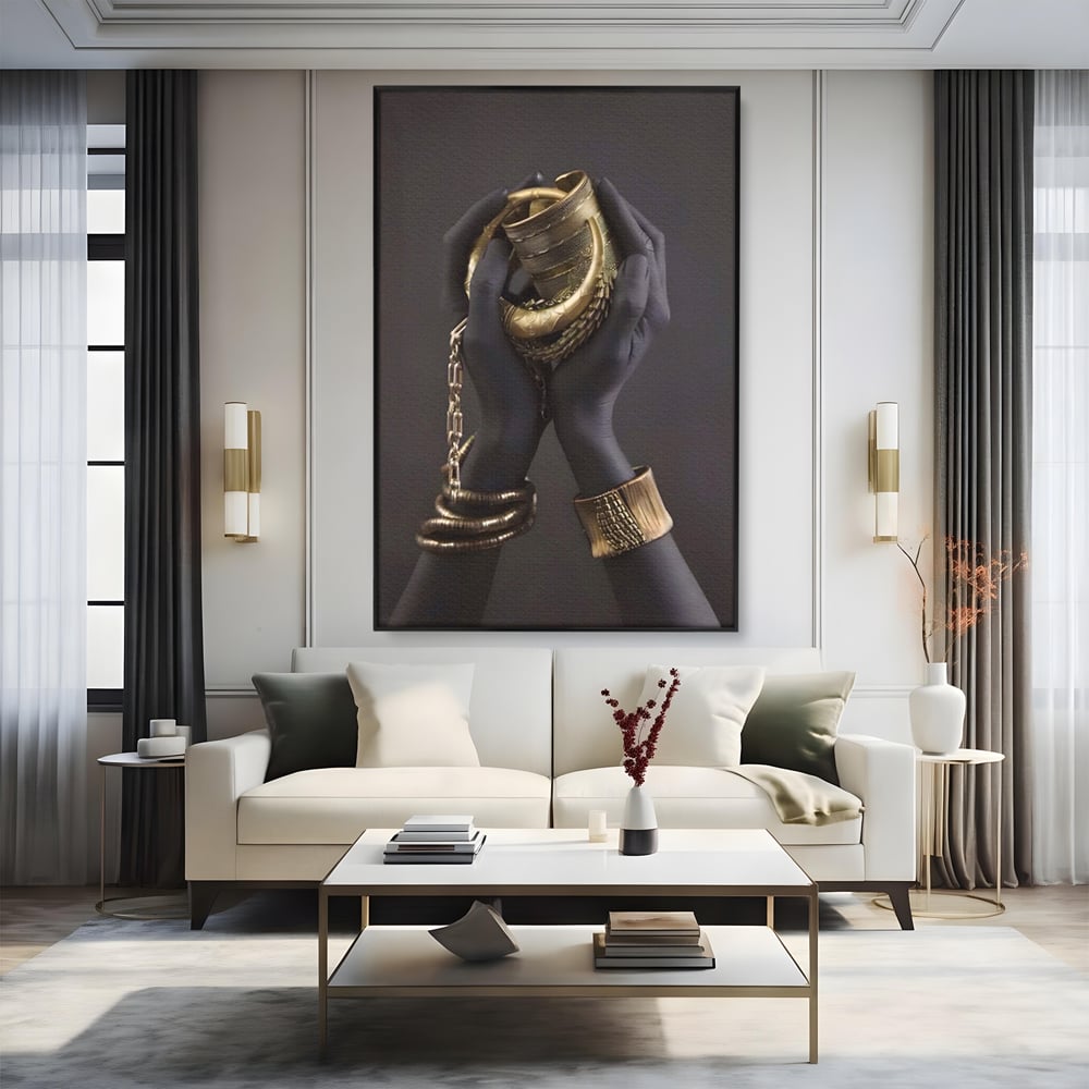 Tablou canvas cu tablou canvas cu maini negre si bijuterii aurii, in rama de aluminiu negru, pe perete intr-un living